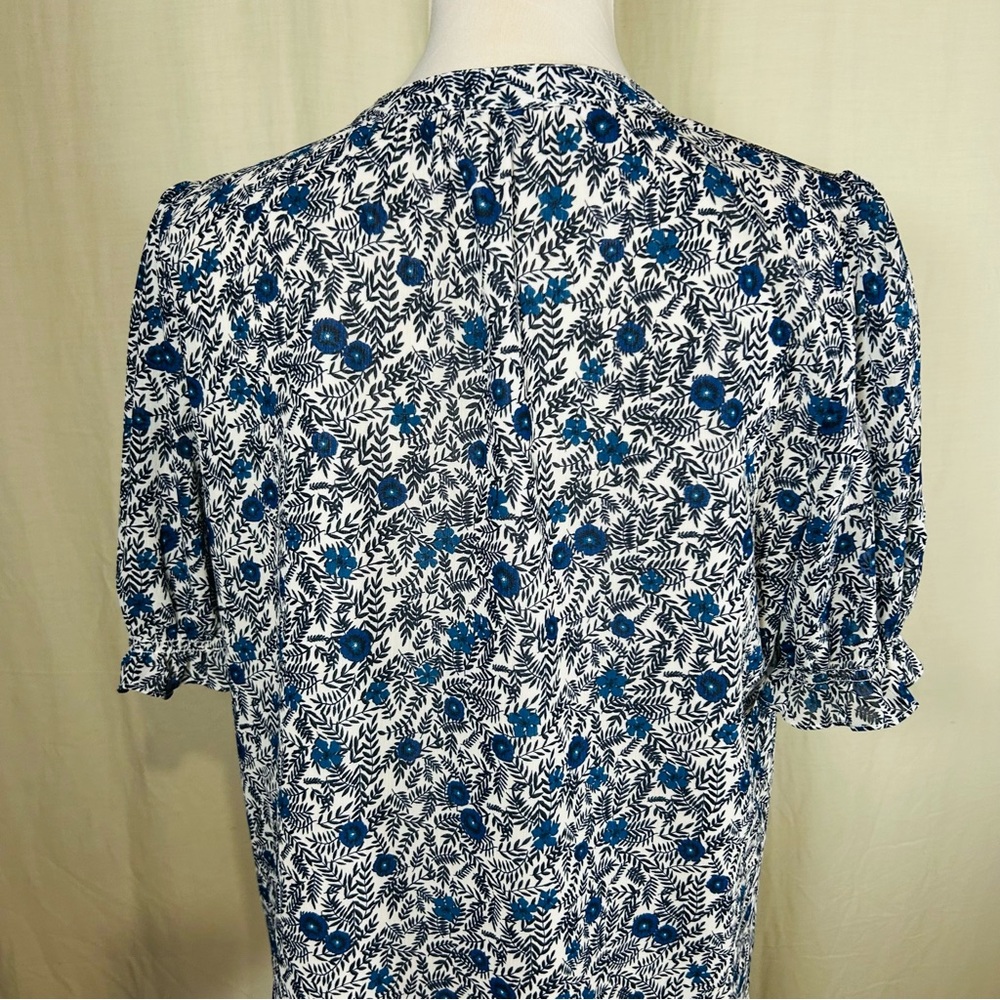 J.Crew Blue Floral Crinkle Puff-Sleeve Ruffle Button-Up Top - Picture 12 of 16